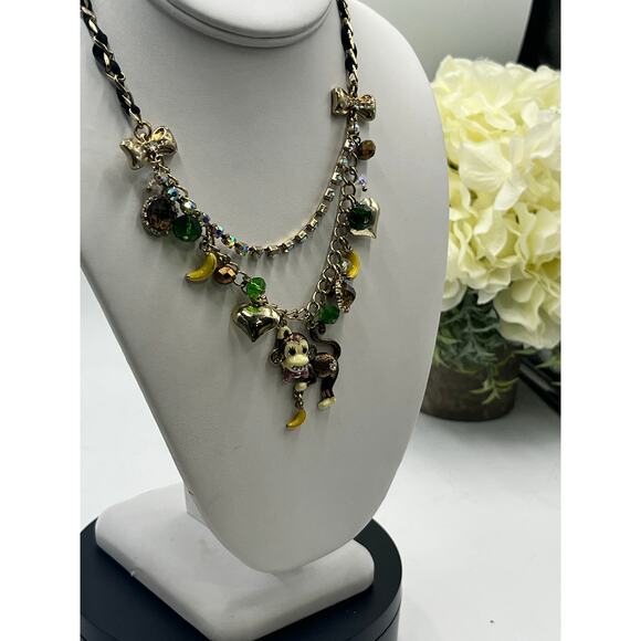 Betsey Johnson Two Strand Jungle Fever Enameled Monkey Crystal Charm Necklace - Picture 11 of 12